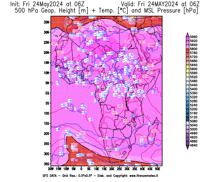 mappa meteo GFS Geopotenziale + Temperatura 500 hPa e Pressione 