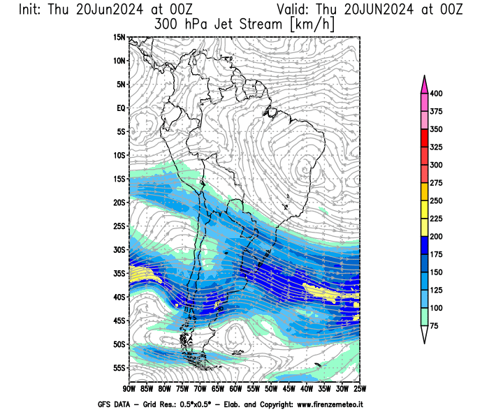 mappa meteo GFS Jet Stream a 300 hPa 