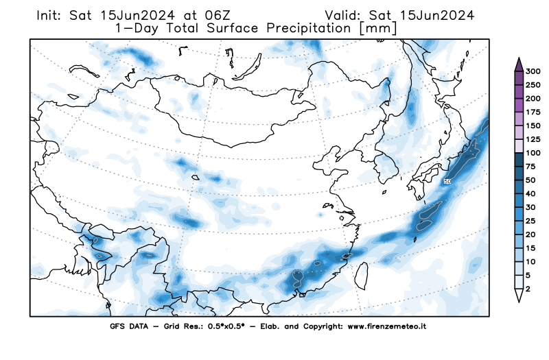 mappa meteo GFS Precipitazioni cumulate in 1 giorno solare  
