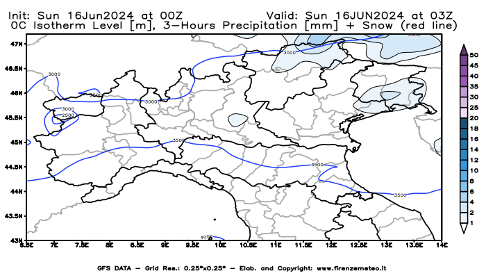 mappa meteo GFS Quota Zero Termico, Pioggia, Neve 