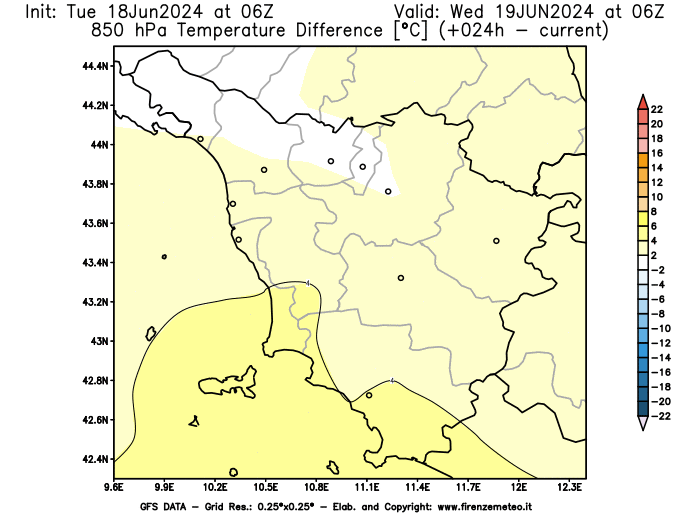 mappa meteo GFS Variazione temperatura a 850 hPa 