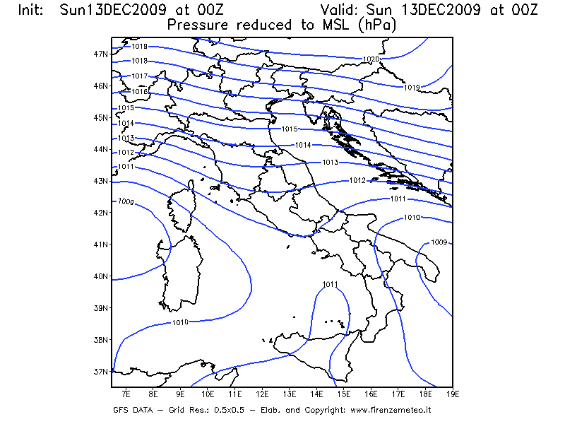 mappa meteo sinottica pressione 13-23 dicembre 2009