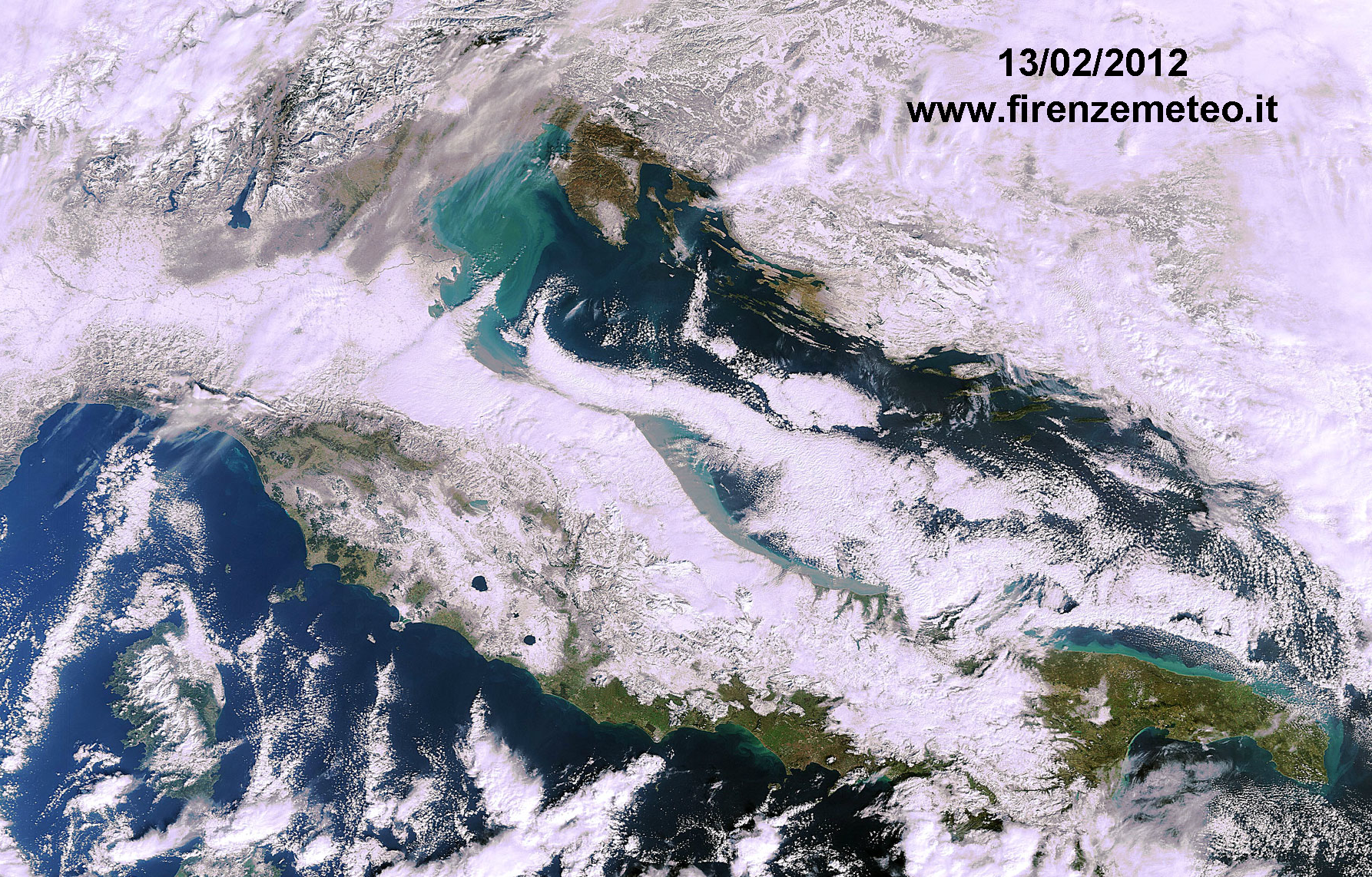 immagine satelittare italia con la neve,  febbraio 2012