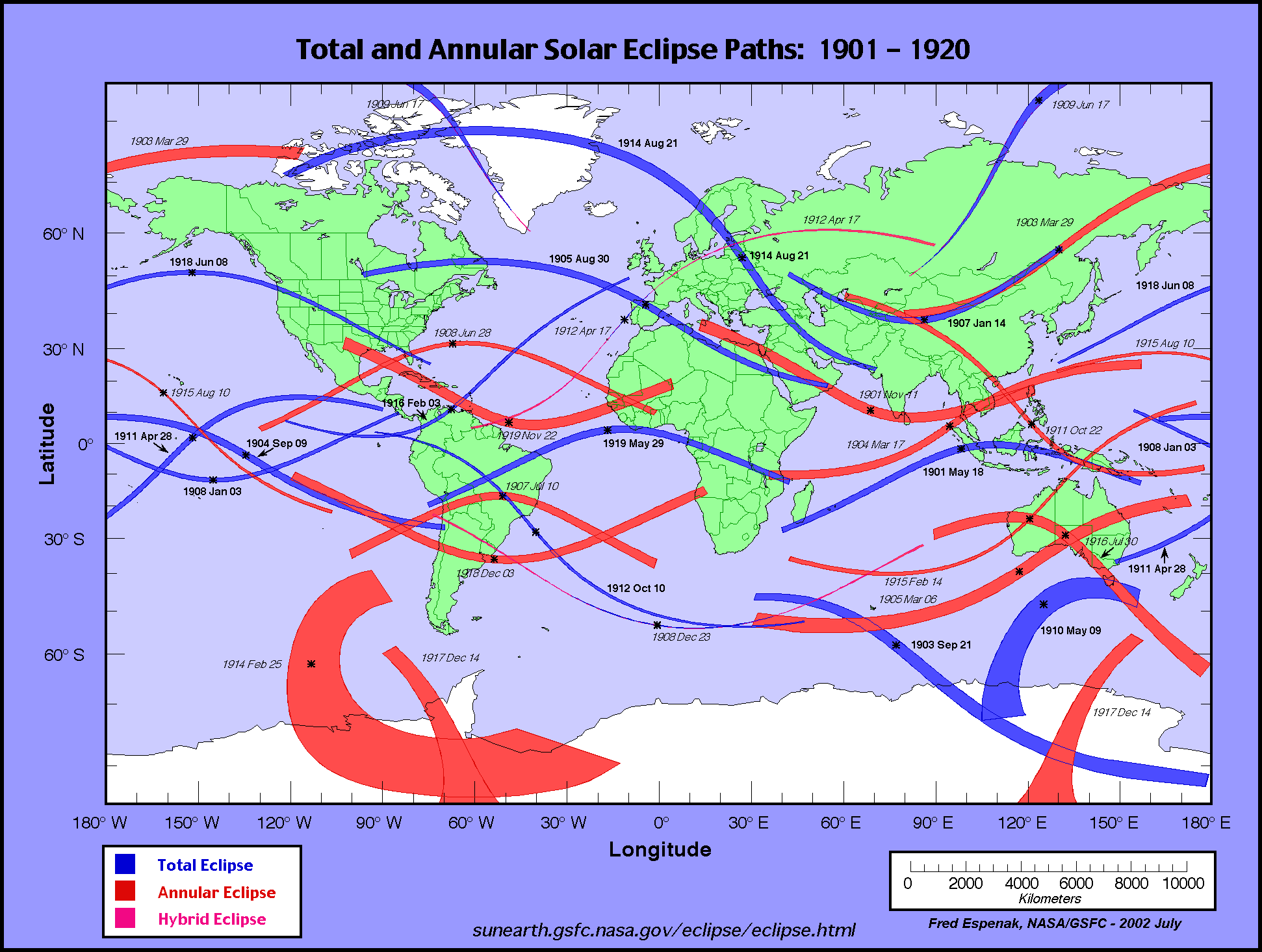 calendario e mappe eclissi solari totali e anulari dal 1901 al 1920