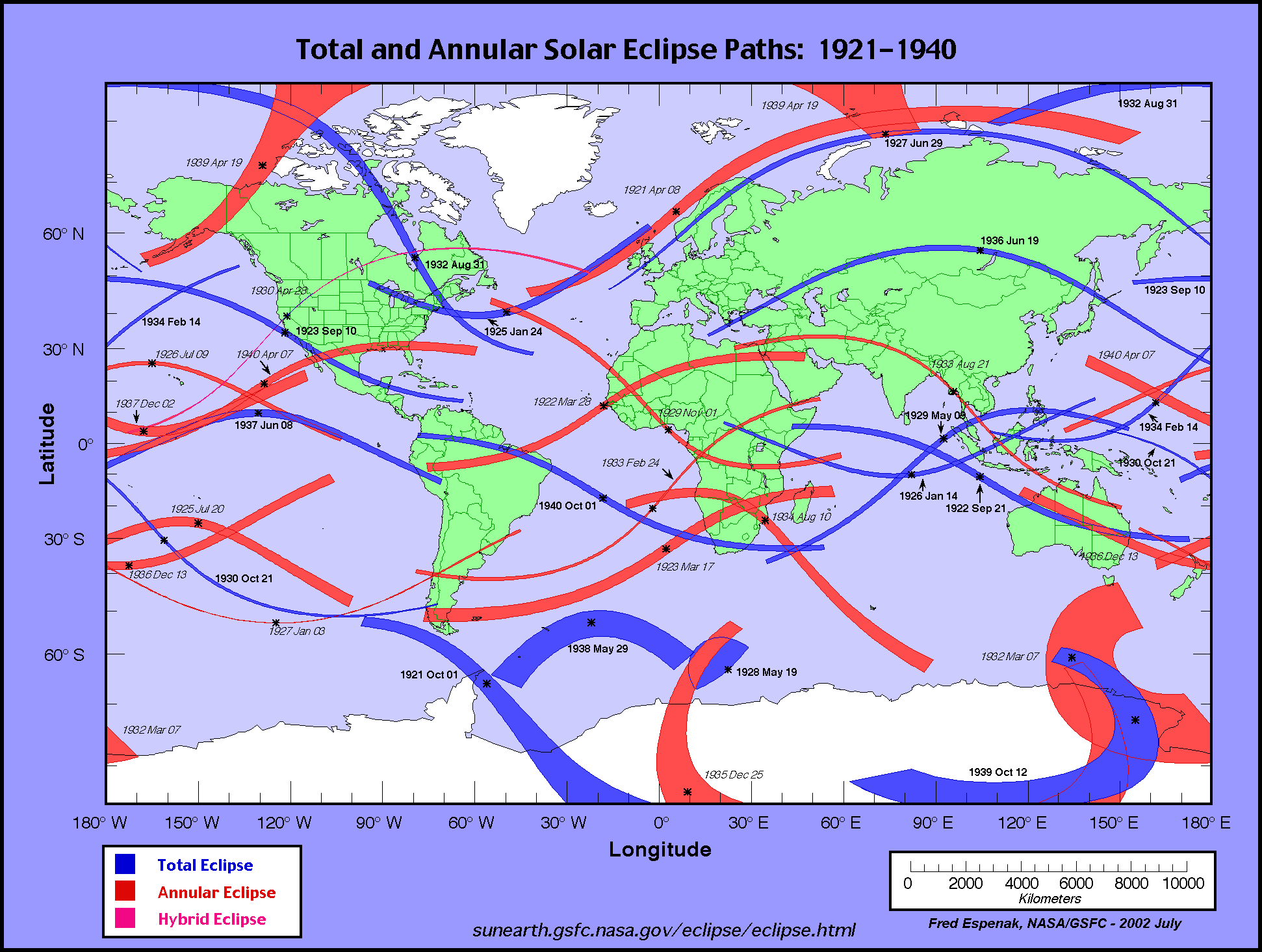 Calendar and solar eclipse maps from 1921 to 1940