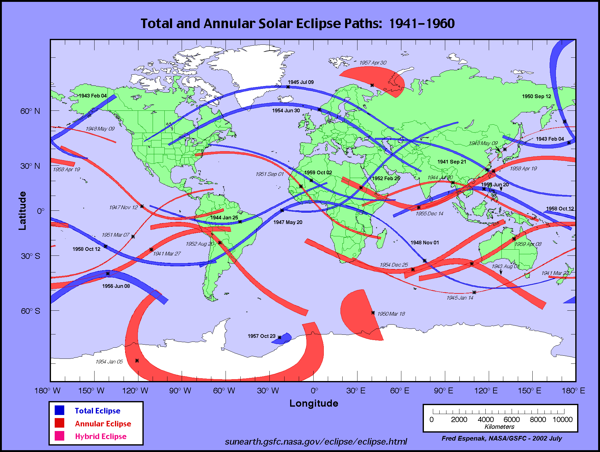 Calendar and solar eclipse maps from 1941 to 1960