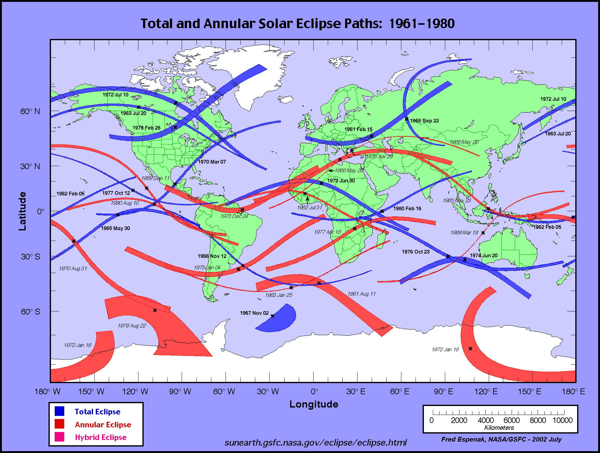 calendario e mappe eclissi solari totali e anulari dal 1961 al 1980
