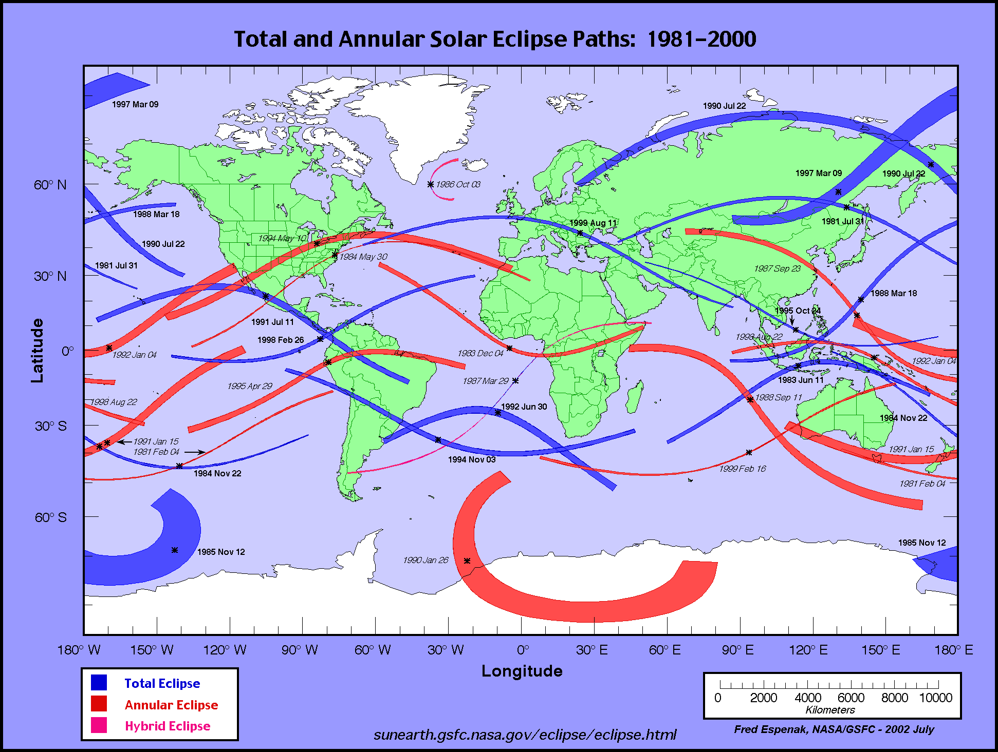 calendario e mappe eclissi solari totali e anulari dal 1981 al 2000