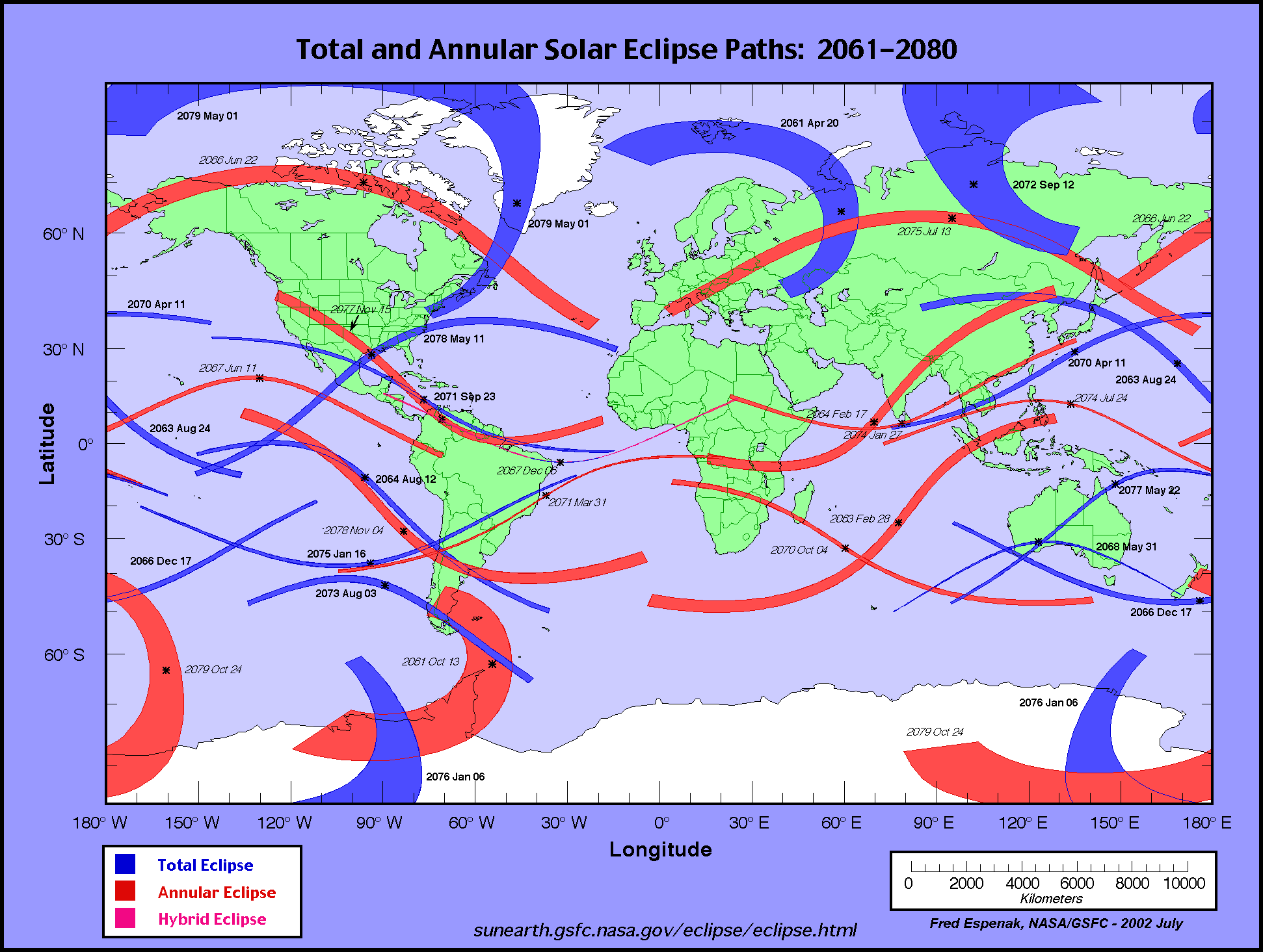 Calendar and solar eclipse maps from 2061 to 2080