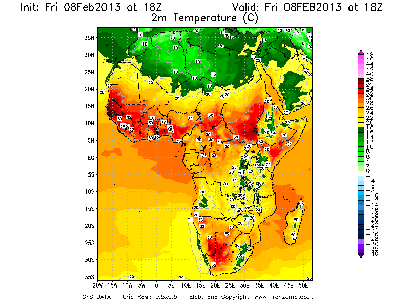 Mappa di analisi GFS - Temperatura a 2 metri dal suolo [°C] in Africa
							del 08/02/2013 18 <!--googleoff: index-->UTC<!--googleon: index-->
