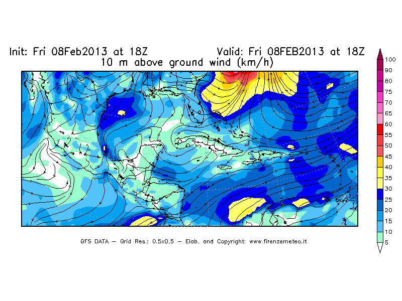 Mappa di analisi GFS - Velocità del vento a 10 metri dal suolo [km/h] in Centro-America
							del 08/02/2013 18 <!--googleoff: index-->UTC<!--googleon: index-->
