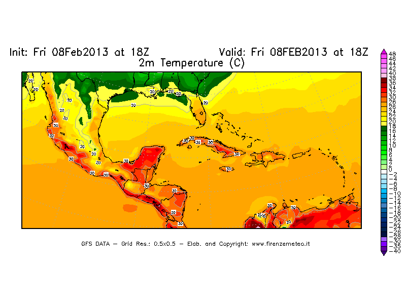 Mappa di analisi GFS - Temperatura a 2 metri dal suolo [°C] in Centro-America
							del 08/02/2013 18 <!--googleoff: index-->UTC<!--googleon: index-->