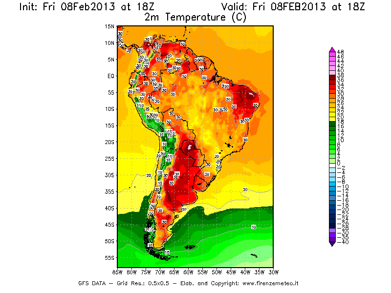 Mappa di analisi GFS - Temperatura a 2 metri dal suolo [°C] in Sud-America
							del 08/02/2013 18 <!--googleoff: index-->UTC<!--googleon: index-->