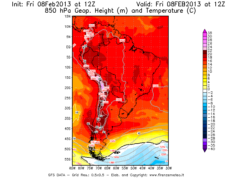 Mappa di analisi GFS - Geopotenziale [m] e Temperatura [°C] a 850 hPa in Sud-America
							del 08/02/2013 12 <!--googleoff: index-->UTC<!--googleon: index-->