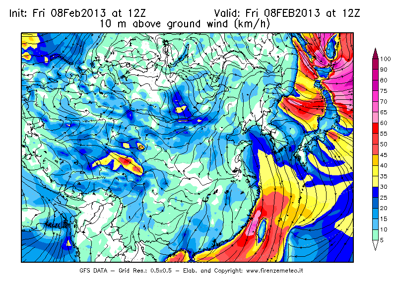 Mappa di analisi GFS - Velocità del vento a 10 metri dal suolo [km/h] in Asia Orientale
							del 08/02/2013 12 <!--googleoff: index-->UTC<!--googleon: index-->
