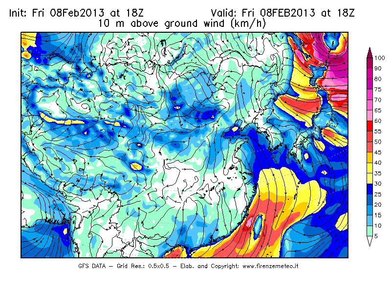 Mappa di analisi GFS - Velocità del vento a 10 metri dal suolo [km/h] in Asia Orientale
							del 08/02/2013 18 <!--googleoff: index-->UTC<!--googleon: index-->