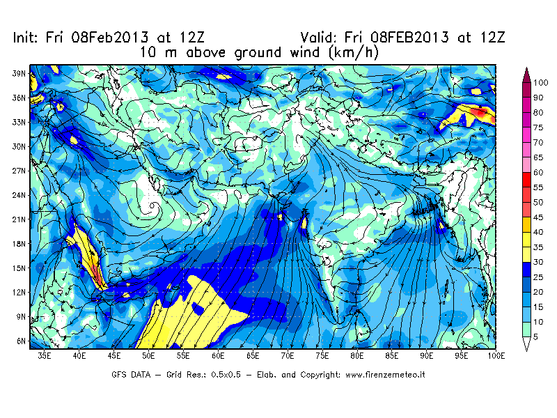 Mappa di analisi GFS - Velocità del vento a 10 metri dal suolo [km/h] in Asia Sud-Occidentale
							del 08/02/2013 12 <!--googleoff: index-->UTC<!--googleon: index-->