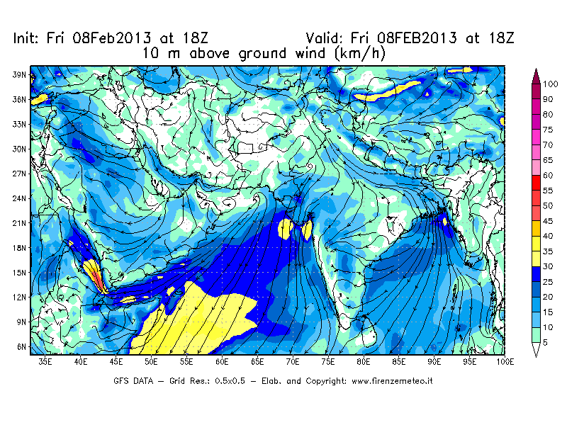 Mappa di analisi GFS - Velocità del vento a 10 metri dal suolo [km/h] in Asia Sud-Occidentale
							del 08/02/2013 18 <!--googleoff: index-->UTC<!--googleon: index-->
