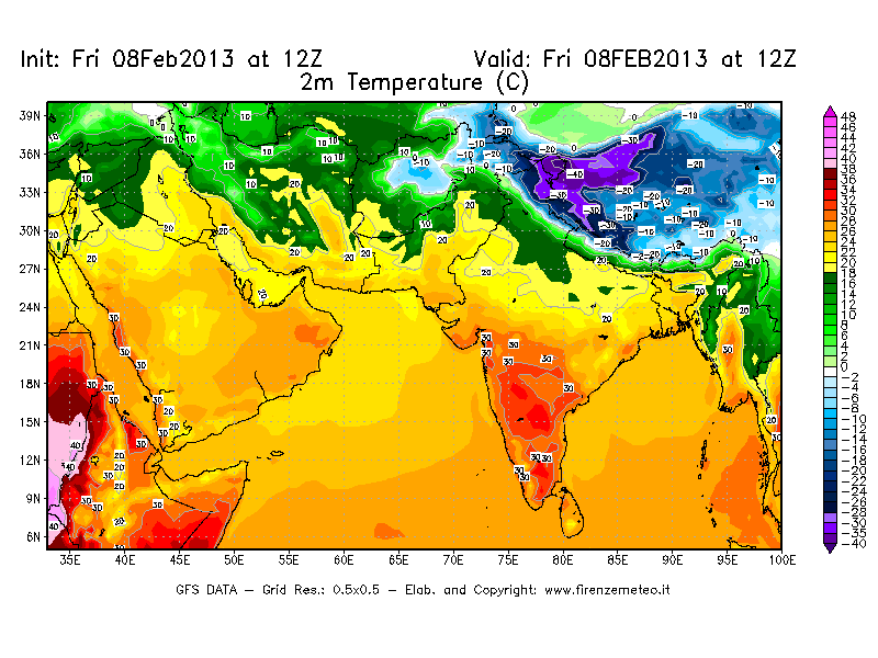 Mappa di analisi GFS - Temperatura a 2 metri dal suolo [°C] in Asia Sud-Occidentale
							del 08/02/2013 12 <!--googleoff: index-->UTC<!--googleon: index-->