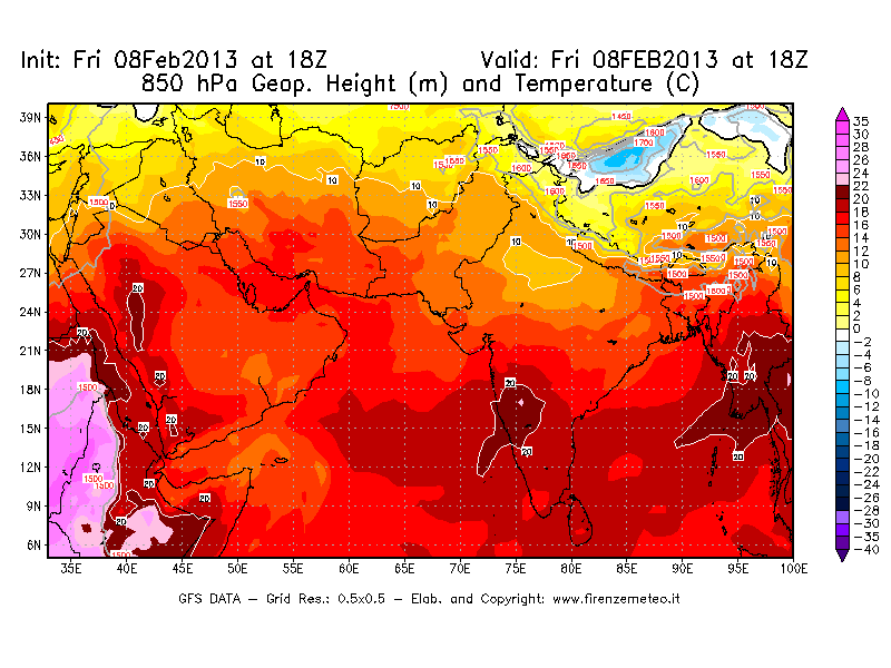 Mappa di analisi GFS - Geopotenziale [m] e Temperatura [°C] a 850 hPa in Asia Sud-Occidentale
							del 08/02/2013 18 <!--googleoff: index-->UTC<!--googleon: index-->