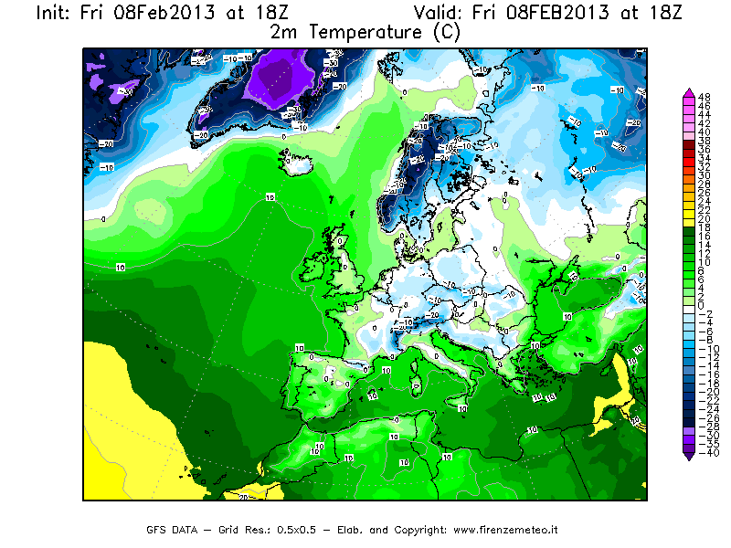 Mappa di analisi GFS - Temperatura a 2 metri dal suolo [°C] in Europa
							del 08/02/2013 18 <!--googleoff: index-->UTC<!--googleon: index-->