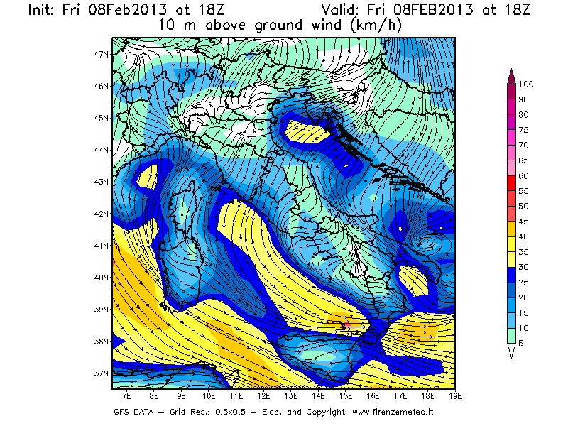 Mappa di analisi GFS - Velocità del vento a 10 metri dal suolo [km/h] in Italia
							del 08/02/2013 18 <!--googleoff: index-->UTC<!--googleon: index-->