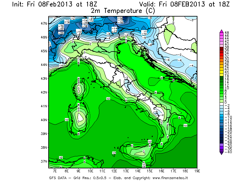 Mappa di analisi GFS - Temperatura a 2 metri dal suolo [°C] in Italia
							del 08/02/2013 18 <!--googleoff: index-->UTC<!--googleon: index-->