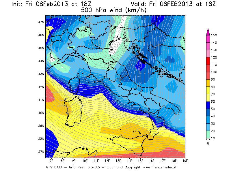 Mappa di analisi GFS - Velocità del vento a 500 hPa [km/h] in Italia
							del 08/02/2013 18 <!--googleoff: index-->UTC<!--googleon: index-->