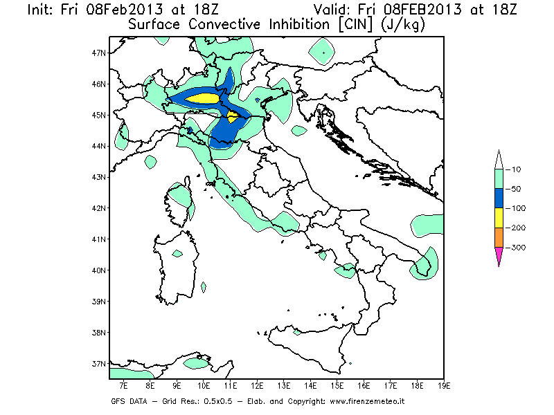 Mappa di analisi GFS - CIN [J/kg] in Italia
							del 08/02/2013 18 <!--googleoff: index-->UTC<!--googleon: index-->