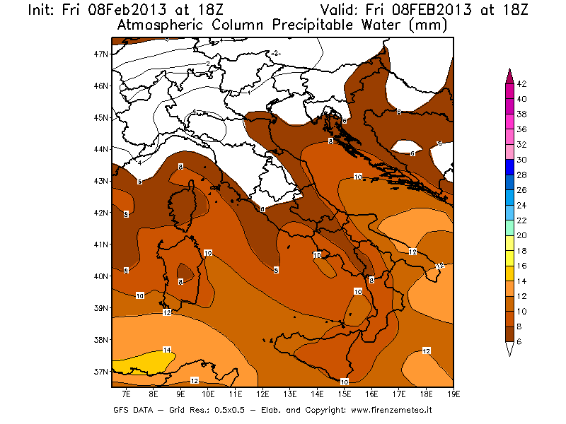 Mappa di analisi GFS - Precipitable Water [mm] in Italia
							del 08/02/2013 18 <!--googleoff: index-->UTC<!--googleon: index-->