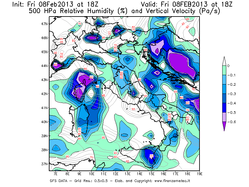 Mappa di analisi GFS - Umidità relativa [%] e Omega [Pa/s] a 500 hPa in Italia
							del 08/02/2013 18 <!--googleoff: index-->UTC<!--googleon: index-->