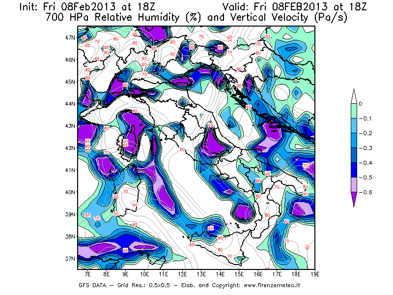 Mappa di analisi GFS - Umidità relativa [%] e Omega [Pa/s] a 700 hPa in Italia
							del 08/02/2013 18 <!--googleoff: index-->UTC<!--googleon: index-->