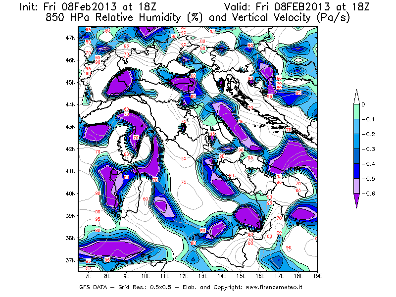 Mappa di analisi GFS - Umidità relativa [%] e Omega [Pa/s] a 850 hPa in Italia
							del 08/02/2013 18 <!--googleoff: index-->UTC<!--googleon: index-->
