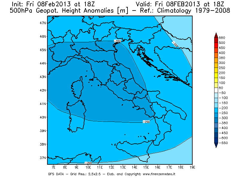 Mappa di analisi GFS - Anomalia di Geopotenziale a 500 hPa in Italia
							del 08/02/2013 18 <!--googleoff: index-->UTC<!--googleon: index-->