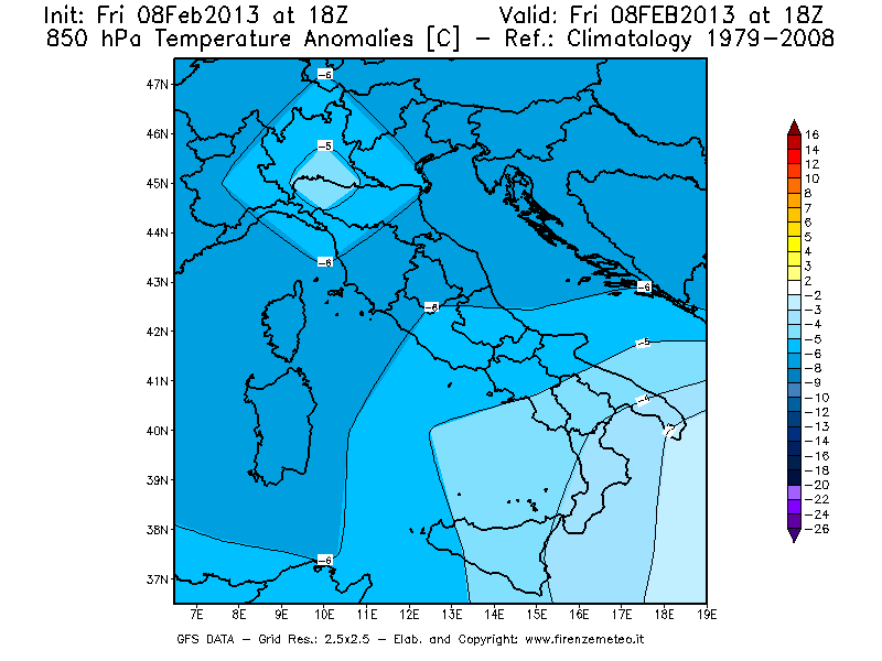 Mappa di analisi GFS - Anomalia Temperatura [°C] a 850 hPa in Italia
							del 08/02/2013 18 <!--googleoff: index-->UTC<!--googleon: index-->
