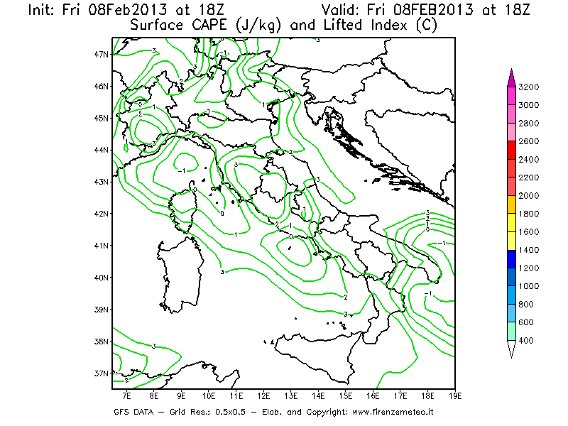 Mappa di analisi GFS - CAPE [J/kg] e Lifted Index [°C] in Italia
							del 08/02/2013 18 <!--googleoff: index-->UTC<!--googleon: index-->