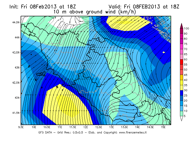 Mappa di analisi GFS - Velocità del vento a 10 metri dal suolo [km/h] in Centro-Italia
							del 08/02/2013 18 <!--googleoff: index-->UTC<!--googleon: index-->