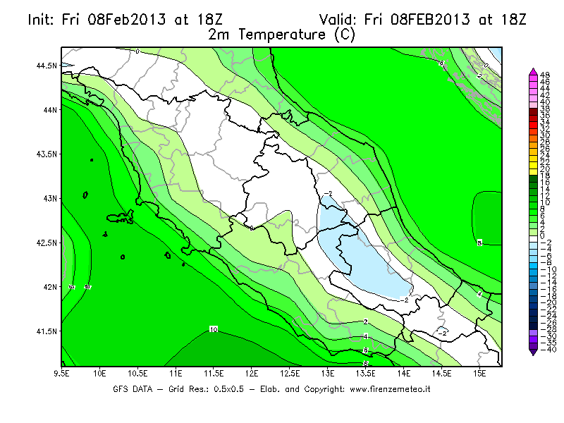 Mappa di analisi GFS - Temperatura a 2 metri dal suolo [°C] in Centro-Italia
							del 08/02/2013 18 <!--googleoff: index-->UTC<!--googleon: index-->