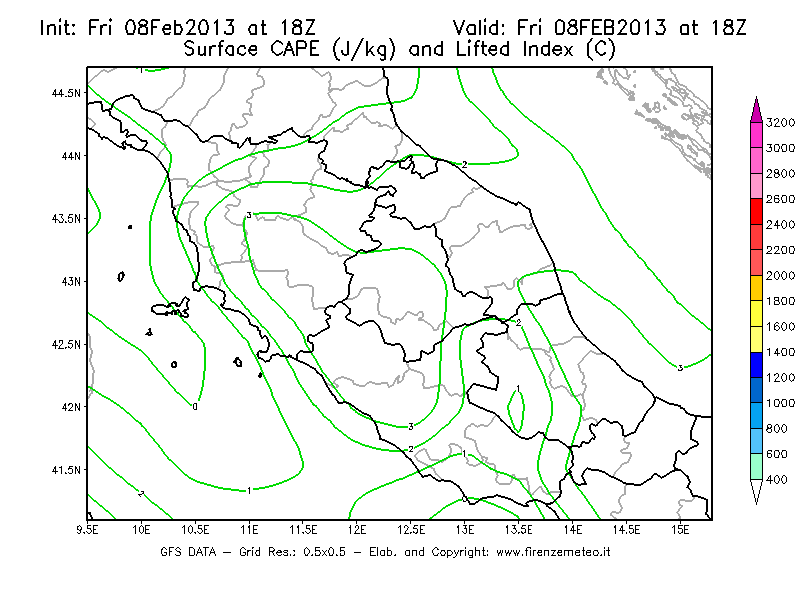 Mappa di analisi GFS - CAPE [J/kg] e Lifted Index [°C] in Centro-Italia
							del 08/02/2013 18 <!--googleoff: index-->UTC<!--googleon: index-->