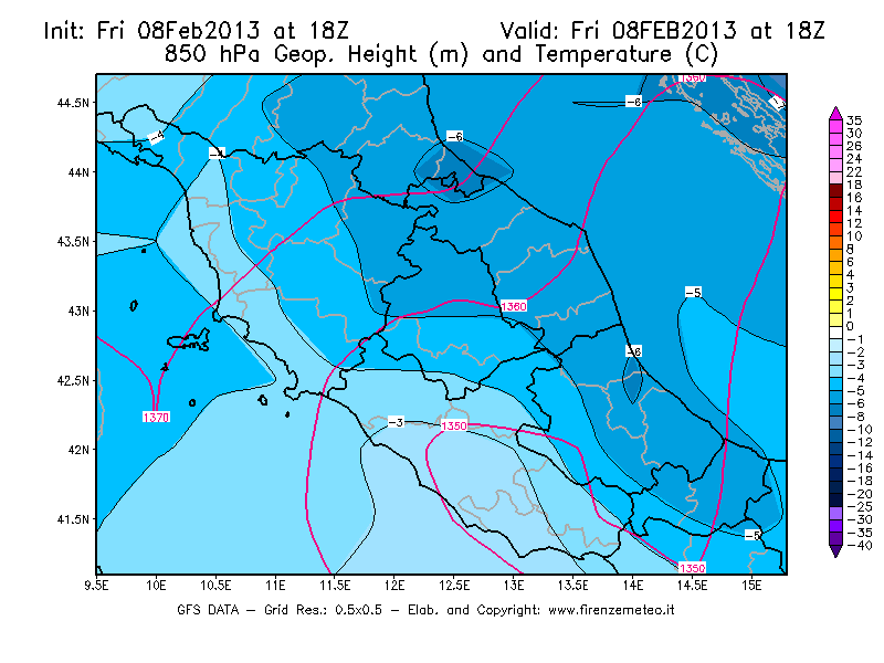 Mappa di analisi GFS - Geopotenziale [m] e Temperatura [°C] a 850 hPa in Centro-Italia
							del 08/02/2013 18 <!--googleoff: index-->UTC<!--googleon: index-->