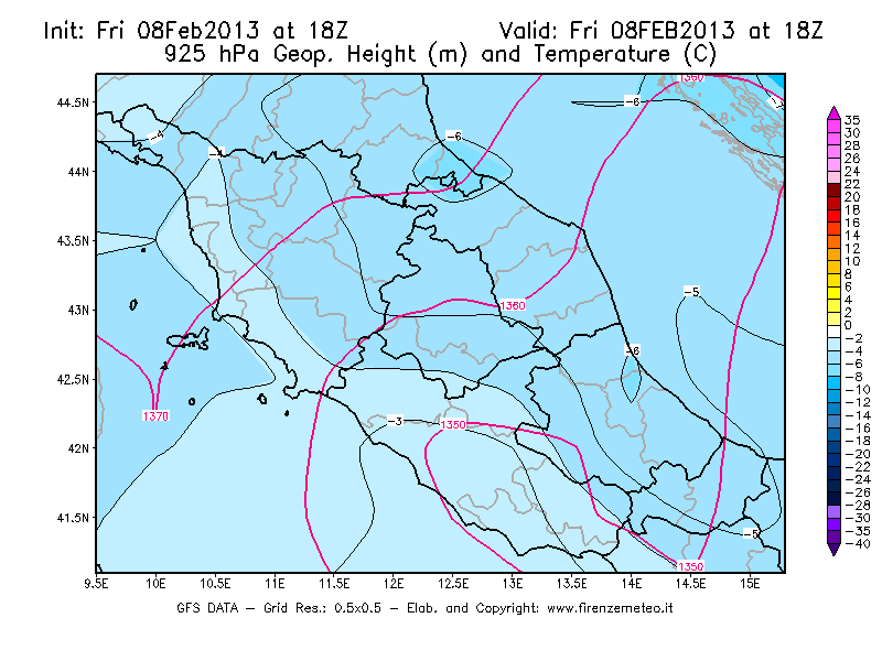 Mappa di analisi GFS - Geopotenziale [m] e Temperatura [°C] a 925 hPa in Centro-Italia
							del 08/02/2013 18 <!--googleoff: index-->UTC<!--googleon: index-->