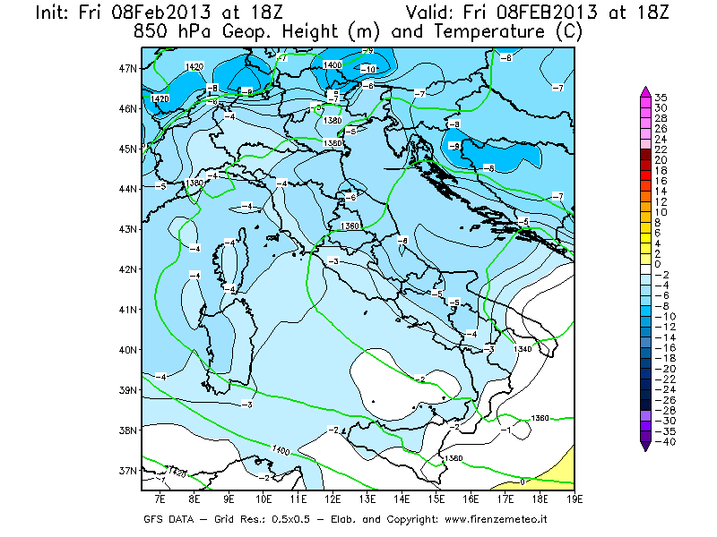 Mappa di analisi GFS - Geopotenziale [m] e Temperatura [°C] a 850 hPa in Italia
							del 08/02/2013 18 <!--googleoff: index-->UTC<!--googleon: index-->