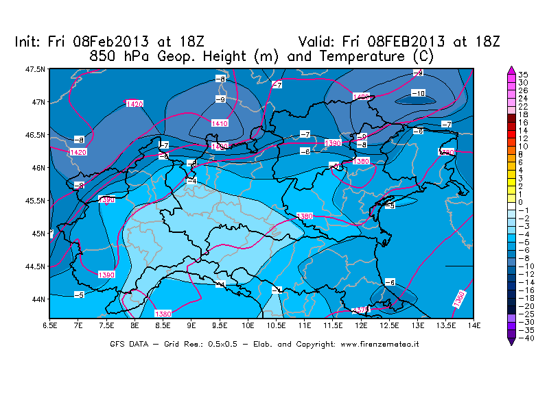 Mappa di analisi GFS - Geopotenziale [m] e Temperatura [°C] a 850 hPa in Nord-Italia
							del 08/02/2013 18 <!--googleoff: index-->UTC<!--googleon: index-->
