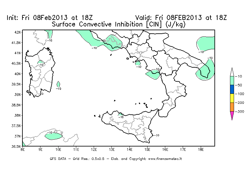 Mappa di analisi GFS - CIN [J/kg] in Sud-Italia
							del 08/02/2013 18 <!--googleoff: index-->UTC<!--googleon: index-->
