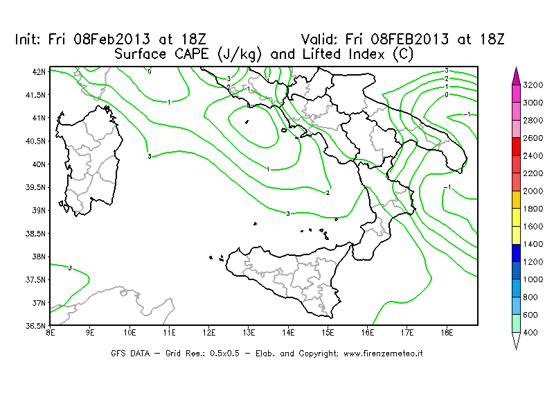 Mappa di analisi GFS - CAPE [J/kg] e Lifted Index [°C] in Sud-Italia
							del 08/02/2013 18 <!--googleoff: index-->UTC<!--googleon: index-->