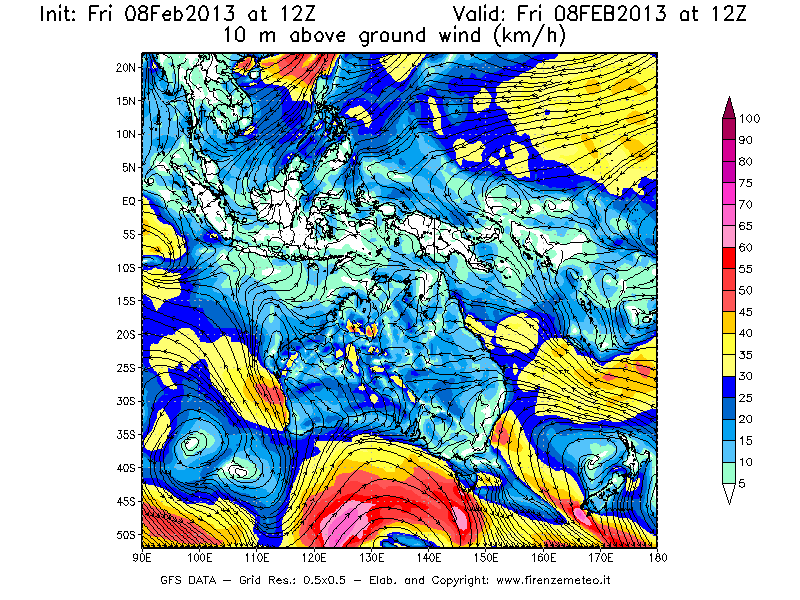 Mappa di analisi GFS - Velocità del vento a 10 metri dal suolo [km/h] in Oceania
							del 08/02/2013 12 <!--googleoff: index-->UTC<!--googleon: index-->