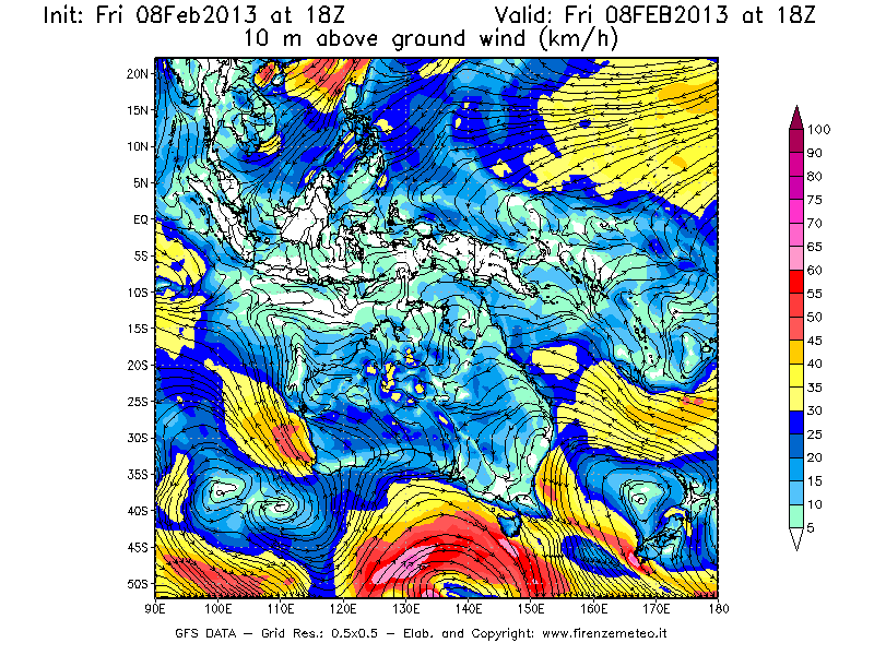 Mappa di analisi GFS - Velocità del vento a 10 metri dal suolo [km/h] in Oceania
							del 08/02/2013 18 <!--googleoff: index-->UTC<!--googleon: index-->