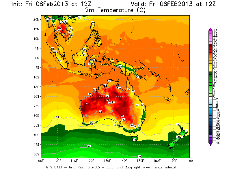Mappa di analisi GFS - Temperatura a 2 metri dal suolo [°C] in Oceania
							del 08/02/2013 12 <!--googleoff: index-->UTC<!--googleon: index-->