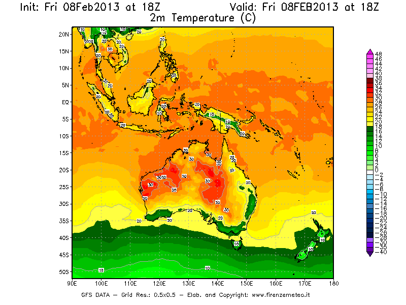 Mappa di analisi GFS - Temperatura a 2 metri dal suolo [°C] in Oceania
							del 08/02/2013 18 <!--googleoff: index-->UTC<!--googleon: index-->