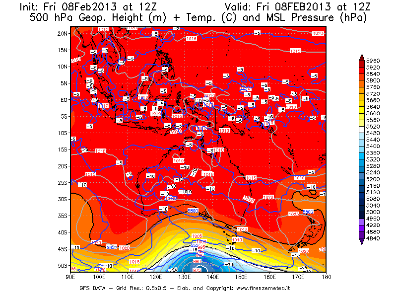 Mappa di analisi GFS - Geopotenziale [m] + Temp. [°C] a 500 hPa + Press. a livello del mare [hPa] in Oceania
							del 08/02/2013 12 <!--googleoff: index-->UTC<!--googleon: index-->